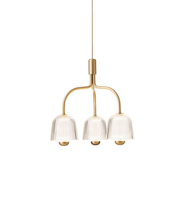 Asteea 3 kroonluchter, satijn messing/geribbeld helder