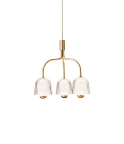 Asteea 3 kroonluchter, satijn messing/geribbeld helder