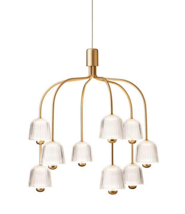 Asteea 9 kroonluchter, satijn messing/geribbeld helder