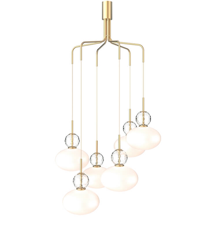 Rizzatto cluster 6 hanglamp, satijn messing/opal