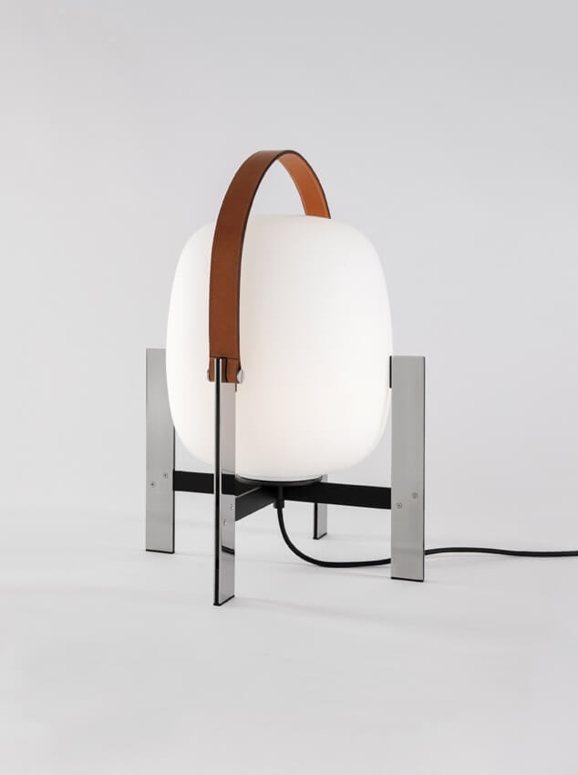 CESTA METÁLICA tafellamp met leren handvat